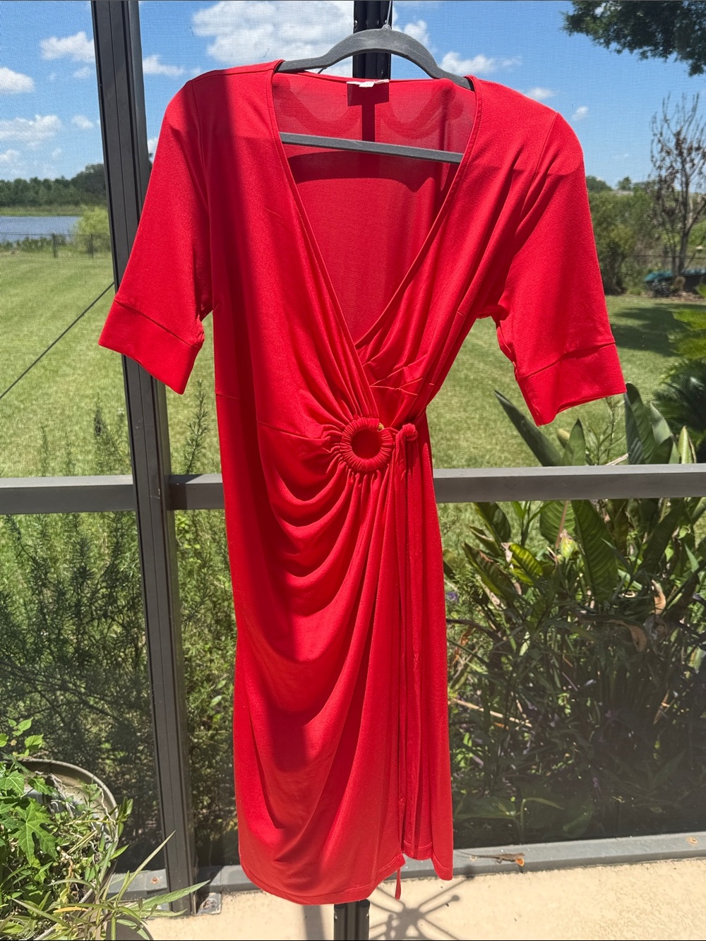 A Pea in the Pod Bright Red Maternity Wrap Dress with Ring Detail
